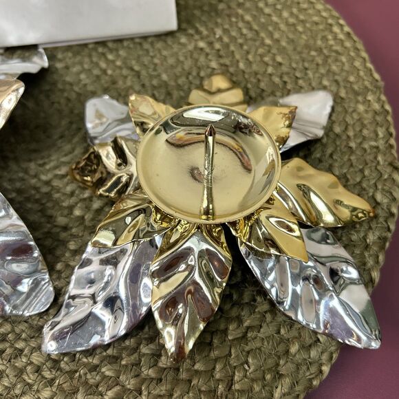 Set Of 2 Department 56 Painted Metal Poinsettia Candle Stick Holder #8016 - Picture 6 of 9